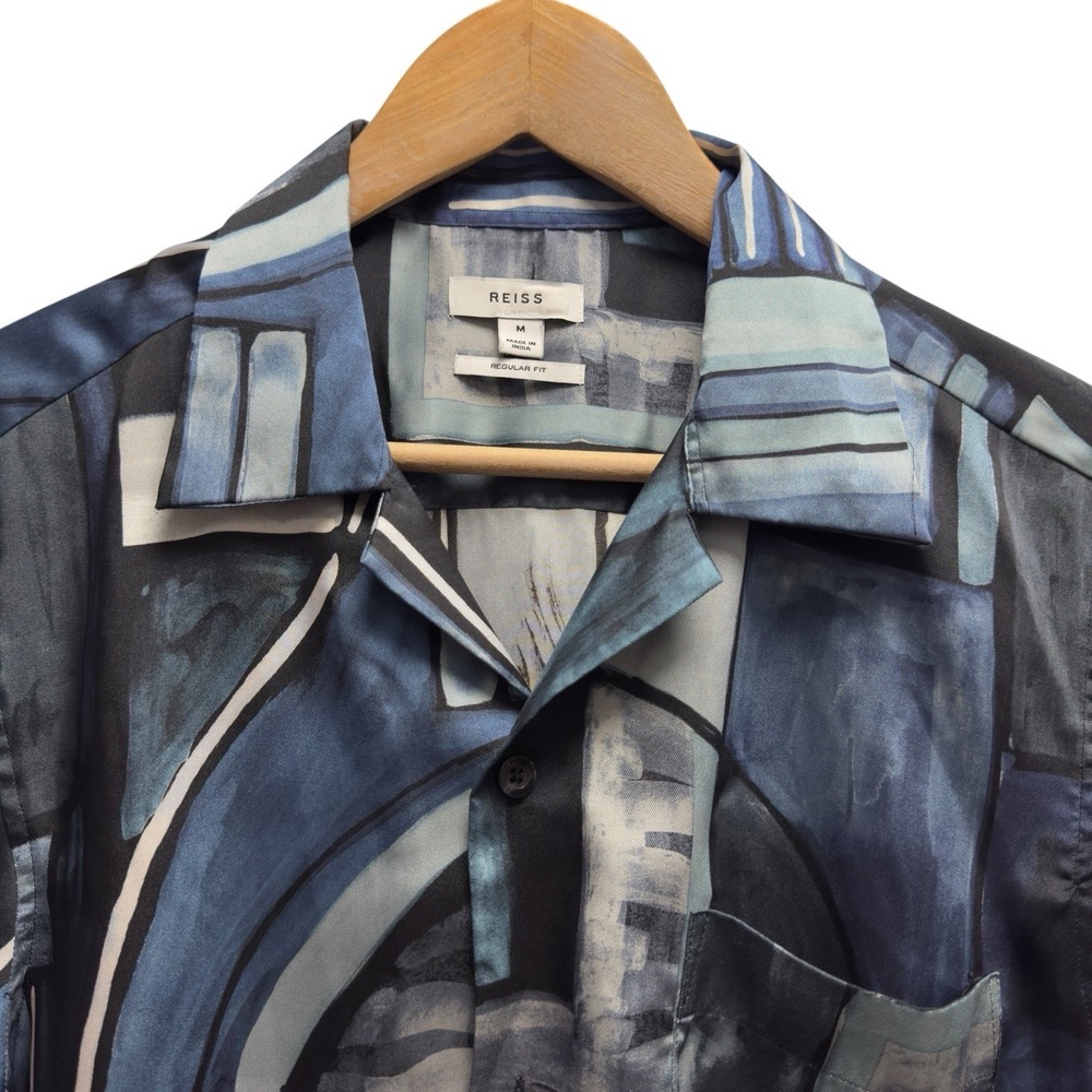 Reiss Men's Medium Blue Geometric Art Polyester Cuban Collar Button Front Shirt